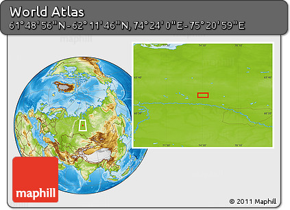 Physical Location Map of the Area around 62° 0' 21" N, 74° 52' 30" E