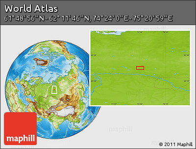 Physical Location Map of the Area around 62° 0' 21" N, 74° 52' 30" E