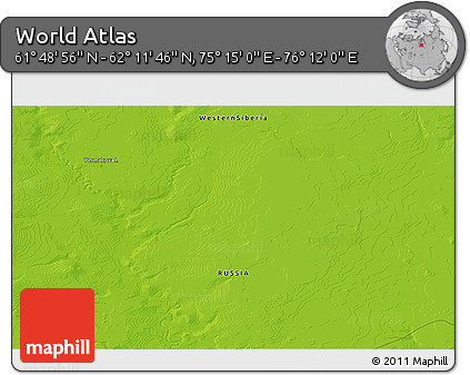 Physical 3D Map of the Area around 62° 0' 21" N, 75° 43' 29" E