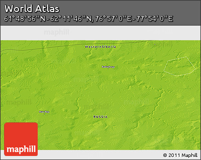 Physical 3D Map of the Area around 62° 0' 21" N, 77° 25' 30" E