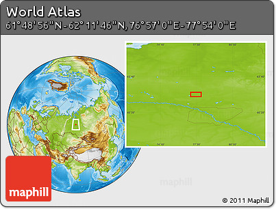 Physical Location Map of the Area around 62° 0' 21" N, 77° 25' 30" E