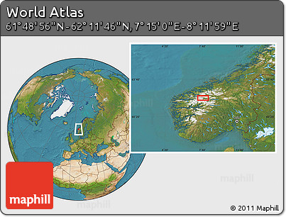 Satellite Location Map of the Area around 62° 0' 21" N, 7° 43' 29" E