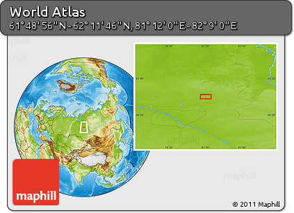 Physical Location Map of the Area around 62° 0' 21" N, 81° 40' 30" E