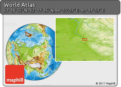 Physical Location Map of the Area around 62° 0' 21" N, 89° 19' 29" E