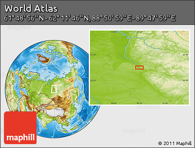 Physical Location Map of the Area around 62° 0' 21" N, 89° 19' 29" E