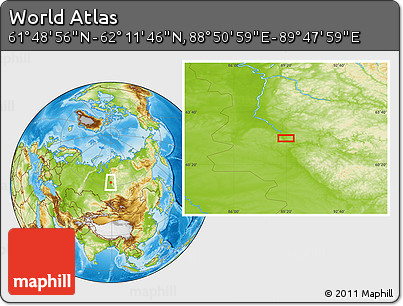 Physical Location Map of the Area around 62° 0' 21" N, 89° 19' 29" E