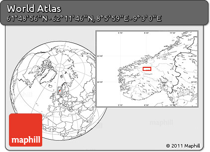 Blank Location Map of the Area around 62° 0' 21" N, 8° 34' 29" E