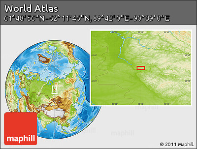 Physical Location Map of the Area around 62° 0' 21" N, 90° 10' 30" E