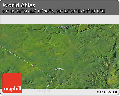 Satellite 3D Map of the Area around 62° 0' 21" N, 91° 1' 30" E