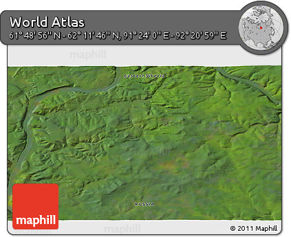 Satellite 3D Map of the Area around 62° 0' 21" N, 91° 52' 30" E