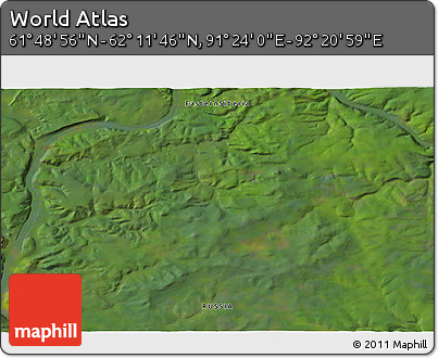 Satellite 3D Map of the Area around 62° 0' 21" N, 91° 52' 30" E