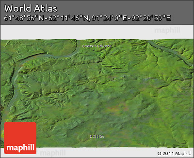 Satellite 3D Map of the Area around 62° 0' 21" N, 91° 52' 30" E