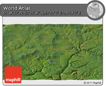 Satellite 3D Map of the Area around 62° 0' 21" N, 94° 25' 30" E