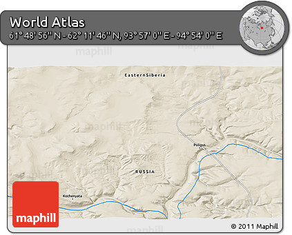 Shaded Relief 3D Map of the Area around 62° 0' 21" N, 94° 25' 30" E
