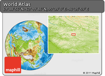 Physical Location Map of the Area around 62° 0' 21" N, 96° 7' 30" E