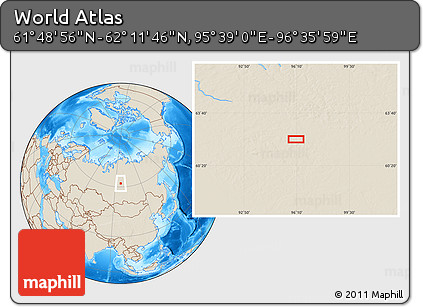 Shaded Relief Location Map of the Area around 62° 0' 21" N, 96° 7' 30" E
