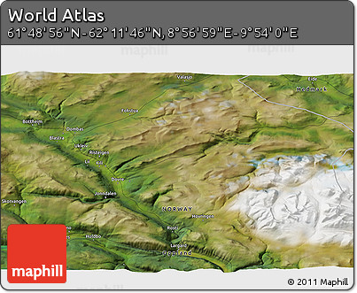 Satellite 3D Map of the Area around 62° 0' 21" N, 9° 25' 30" E