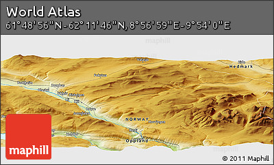 Physical Panoramic Map of the Area around 62° 0' 21" N, 9° 25' 30" E