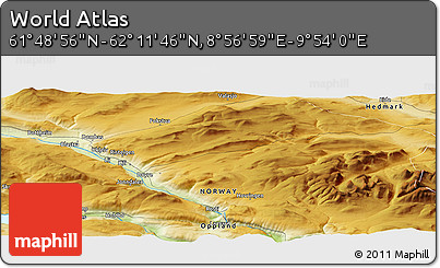 Physical Panoramic Map of the Area around 62° 0' 21" N, 9° 25' 30" E