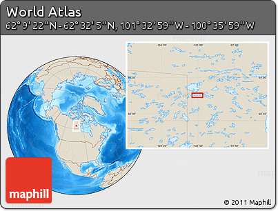Shaded Relief Location Map of the Area around 62° 20' 44" N, 101° 4' 29" W