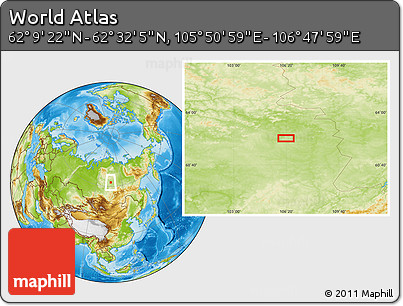 Physical Location Map of the Area around 62° 20' 44" N, 106° 19' 29" E