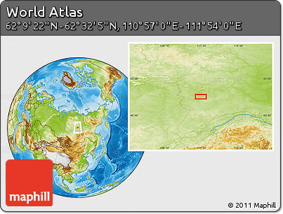 Physical Location Map of the Area around 62° 20' 44" N, 111° 25' 30" E