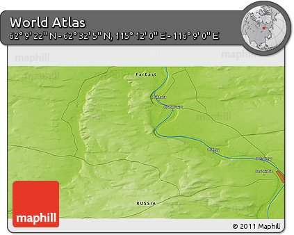 Physical 3D Map of the Area around 62° 20' 44" N, 115° 40' 30" E