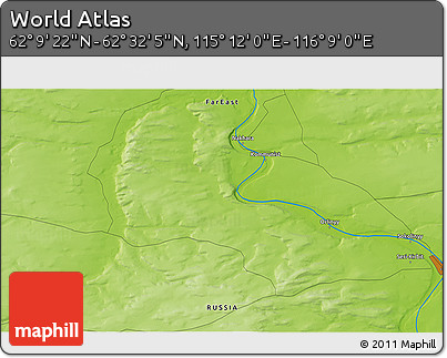 Physical 3D Map of the Area around 62° 20' 44" N, 115° 40' 30" E