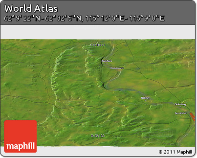 Satellite 3D Map of the Area around 62° 20' 44" N, 115° 40' 30" E