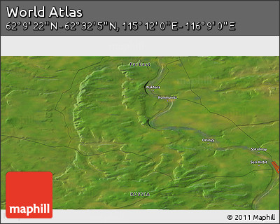Satellite 3D Map of the Area around 62° 20' 44" N, 115° 40' 30" E