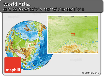 Physical Location Map of the Area around 62° 20' 44" N, 115° 40' 30" E