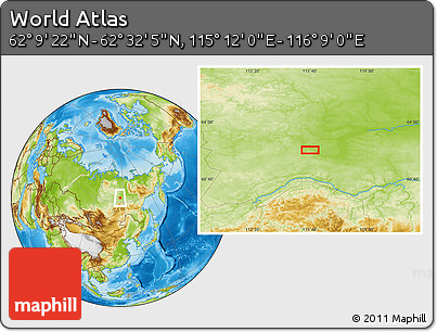 Physical Location Map of the Area around 62° 20' 44" N, 115° 40' 30" E