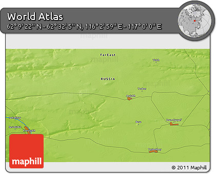 Physical 3D Map of the Area around 62° 20' 44" N, 116° 31' 30" E