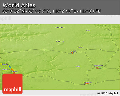 Physical 3D Map of the Area around 62° 20' 44" N, 116° 31' 30" E