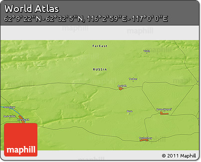 Physical 3D Map of the Area around 62° 20' 44" N, 116° 31' 30" E