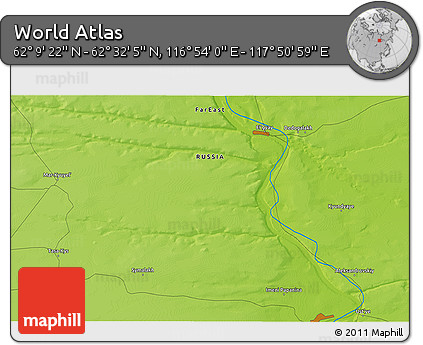 Physical 3D Map of the Area around 62° 20' 44" N, 117° 22' 30" E