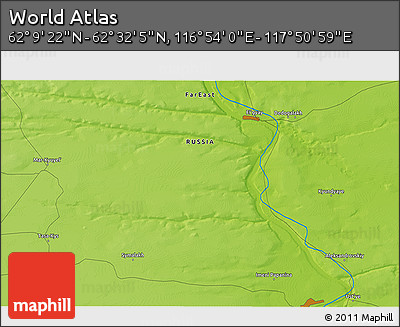 Physical 3D Map of the Area around 62° 20' 44" N, 117° 22' 30" E
