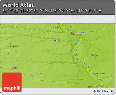 Physical 3D Map of the Area around 62° 20' 44" N, 117° 22' 30" E
