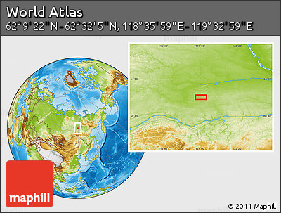 Physical Location Map of the Area around 62° 20' 44" N, 119° 4' 29" E