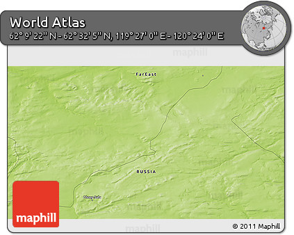 Physical 3D Map of the Area around 62° 20' 44" N, 119° 55' 30" E
