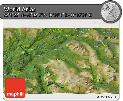 Satellite 3D Map of the Area around 62° 20' 44" N, 11° 7' 30" E