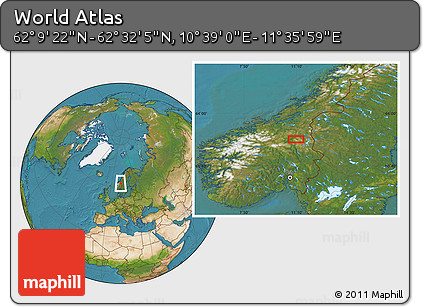 Satellite Location Map of the Area around 62° 20' 44" N, 11° 7' 30" E