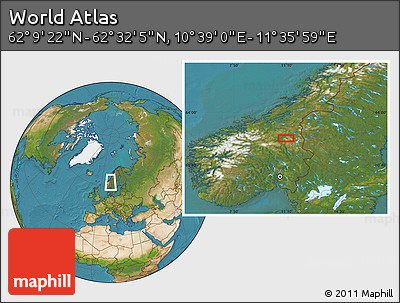 Satellite Location Map of the Area around 62° 20' 44" N, 11° 7' 30" E