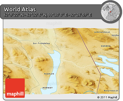 Physical 3D Map of the Area around 62° 20' 44" N, 11° 58' 29" E