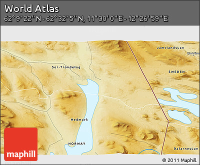 Physical 3D Map of the Area around 62° 20' 44" N, 11° 58' 29" E