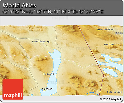 Physical 3D Map of the Area around 62° 20' 44" N, 11° 58' 29" E