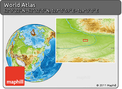 Physical Location Map of the Area around 62° 20' 44" N, 127° 34' 30" E
