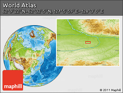 Physical Location Map of the Area around 62° 20' 44" N, 127° 34' 30" E