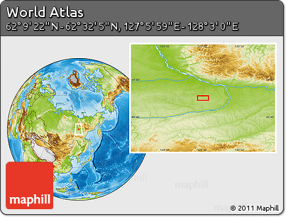 Physical Location Map of the Area around 62° 20' 44" N, 127° 34' 30" E