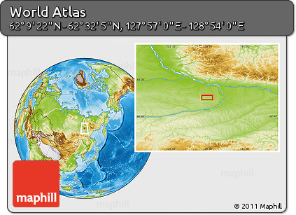 Physical Location Map of the Area around 62° 20' 44" N, 128° 25' 30" E